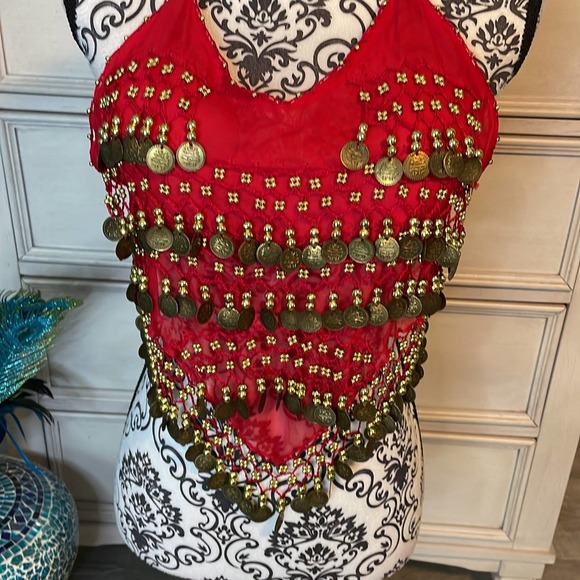 Gypsy belly dancer chiffon halter red top with gold coins - Picture 2 of 7
